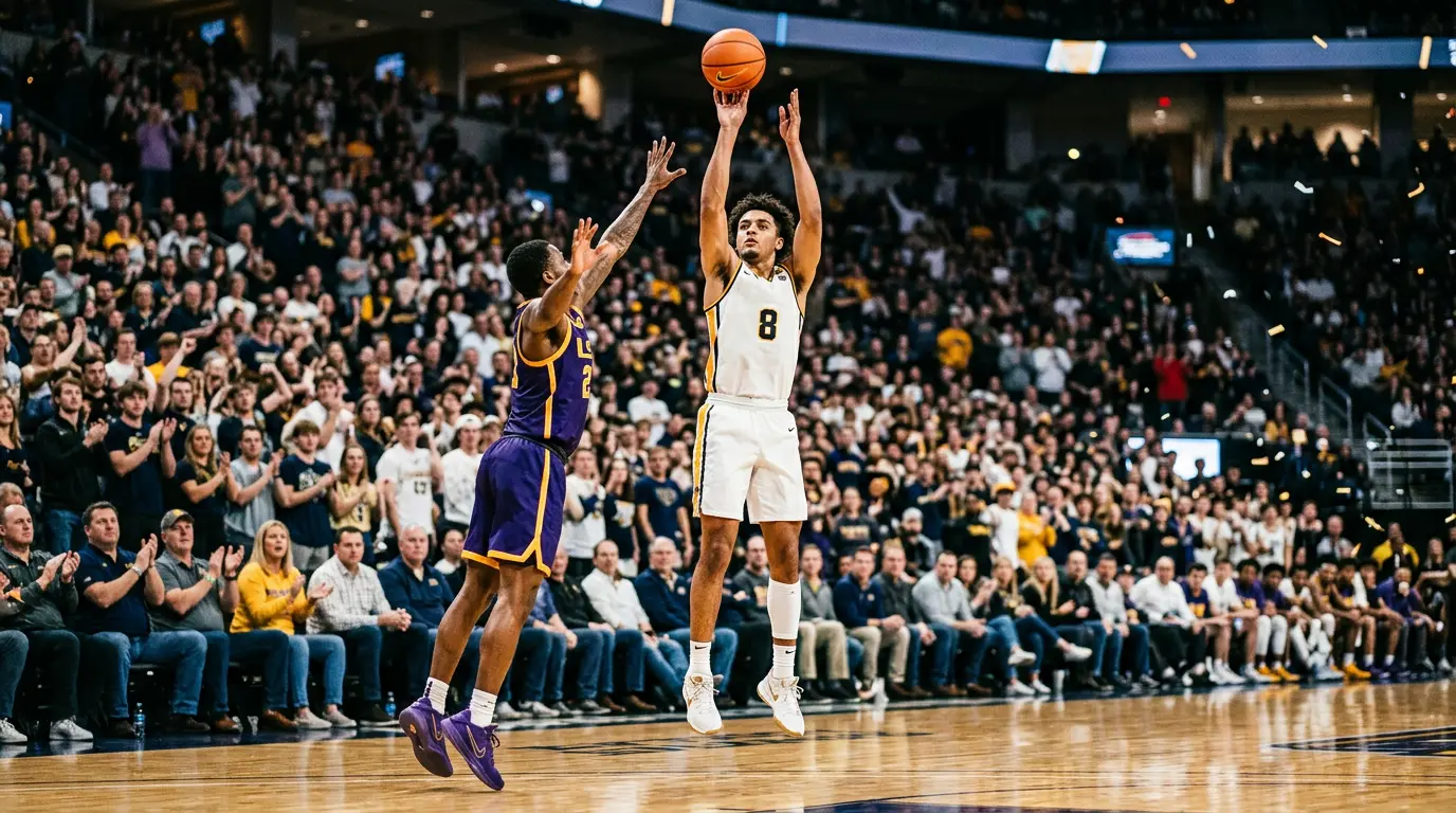 March-Madness-Spielszene: College-Basketballspieler im Sprungwurf vor jubelndem Publikum