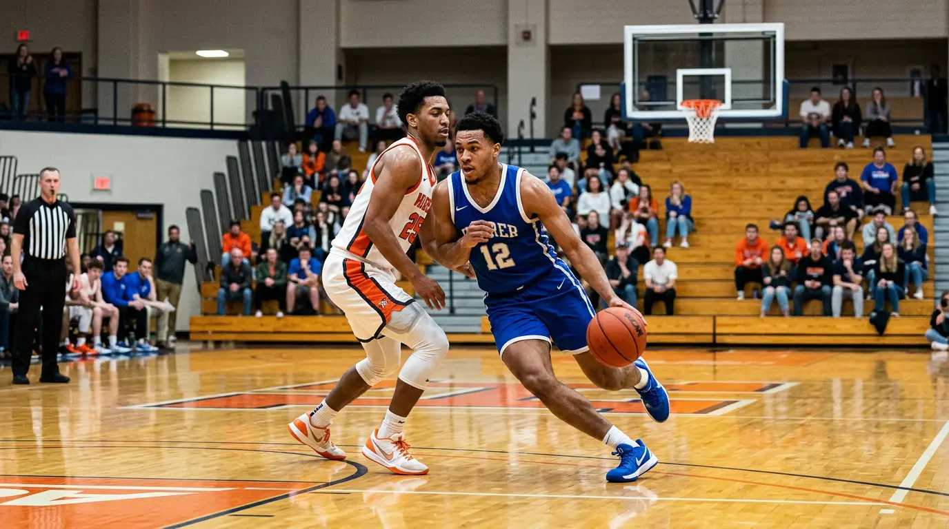 NCAA Division I Spielszene: College-Spieler im Trikot auf einem Hartholzparkett