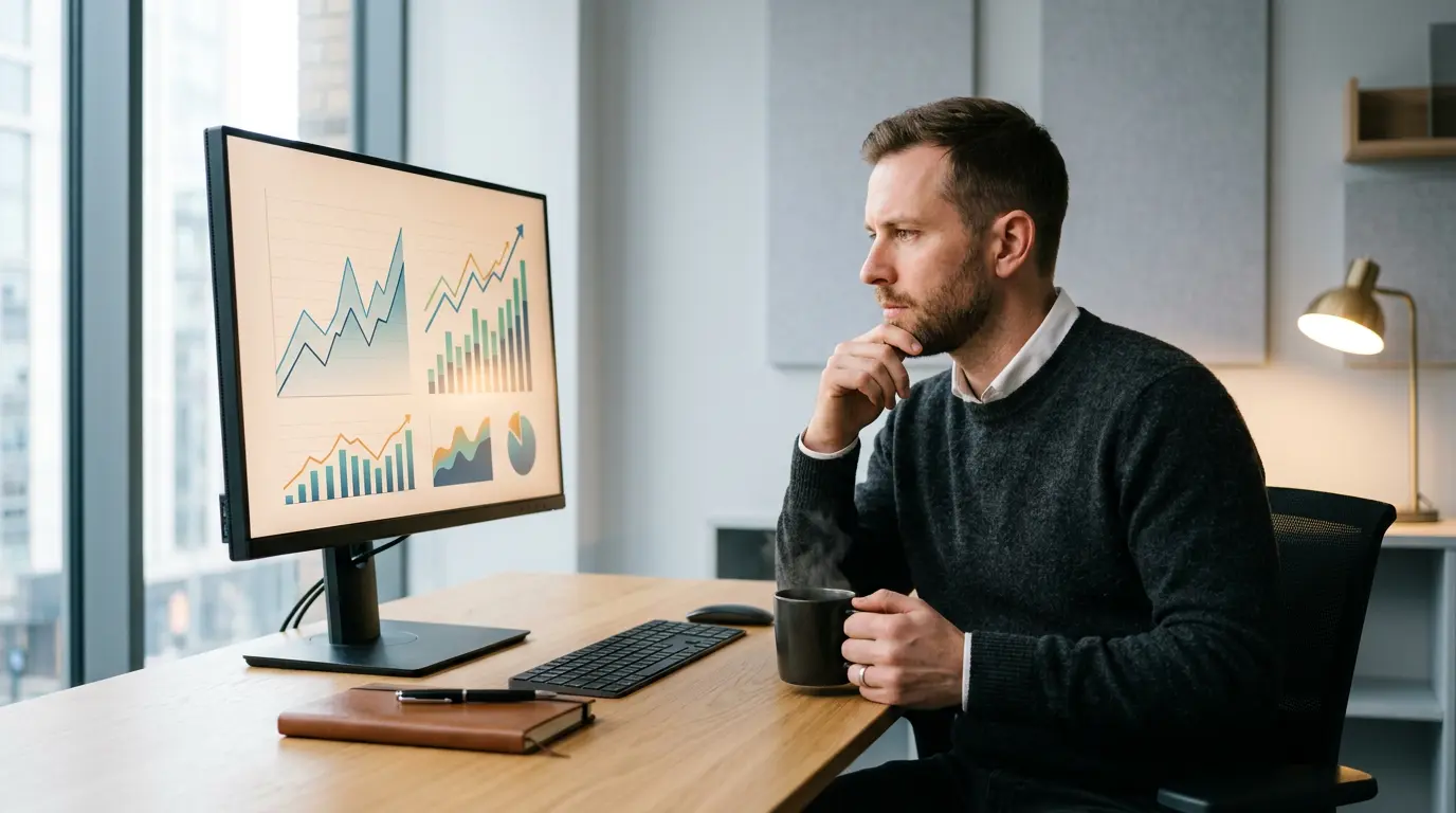 Datenanalyst studiert Marktdaten zu Sportwetten auf einem Computerbildschirm