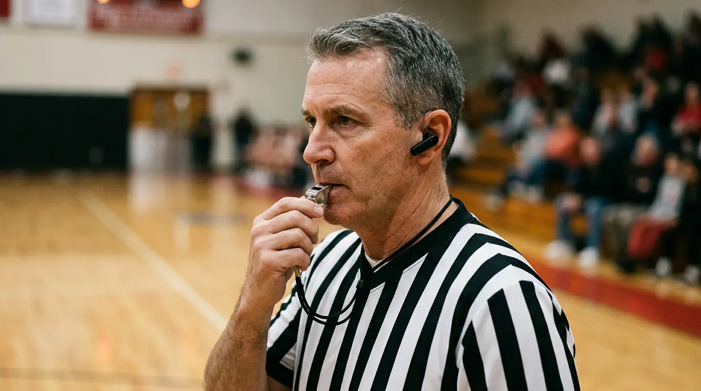 Schiedsrichter mit Pfeife auf einem Basketballfeld als Symbol für Spielintegrität